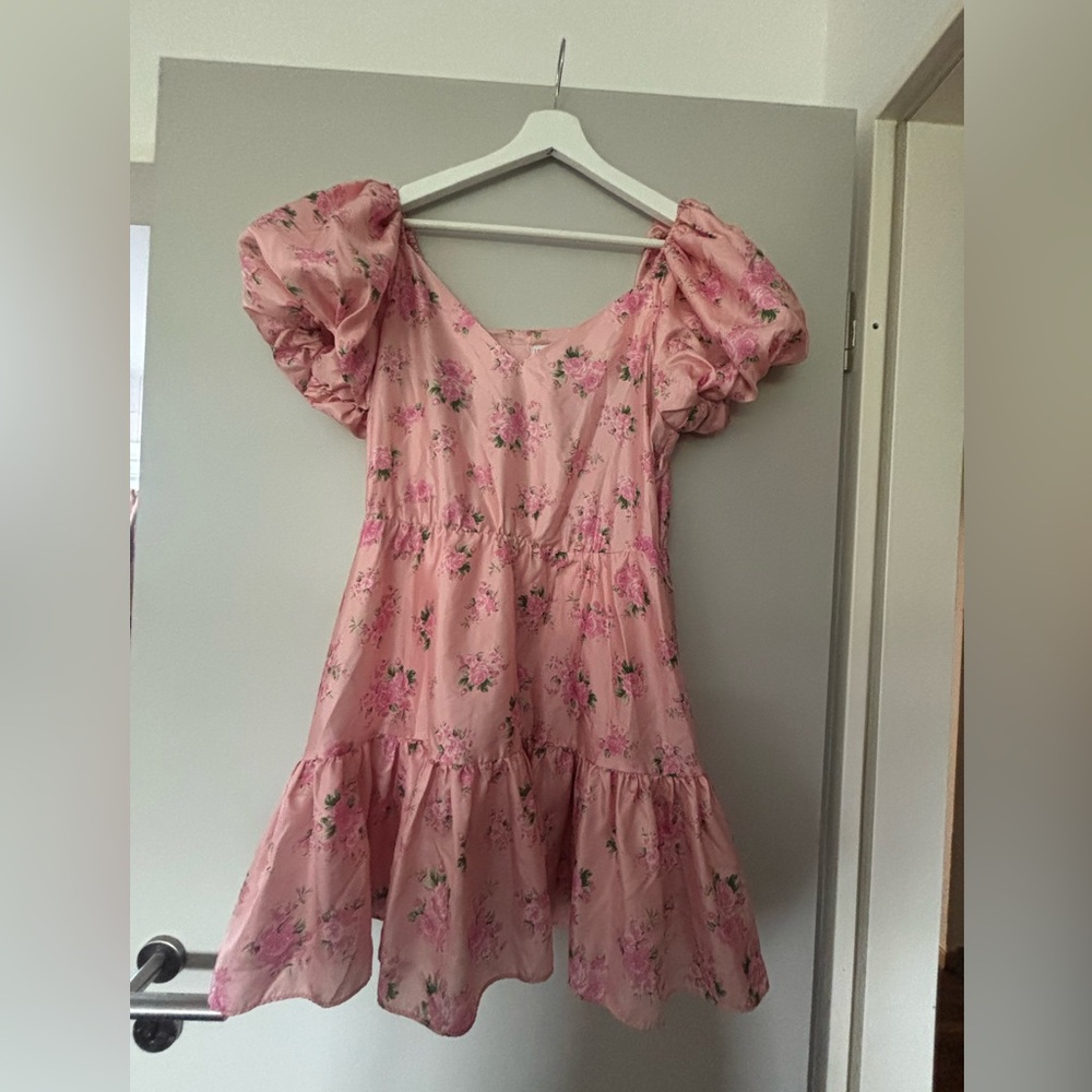 LoveShackFancy Pink Floral Puff-Sleeve Mini Dress
